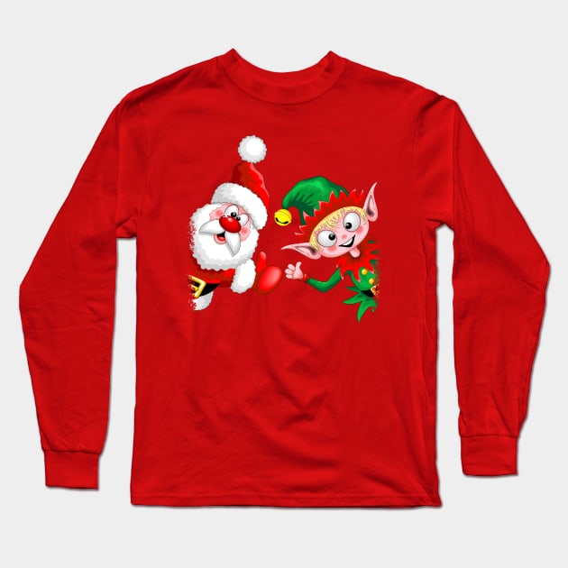 Santa and Elf Happy Christmas Characters Thumbs Up Long Sleeve T-Shirt by BluedarkArt